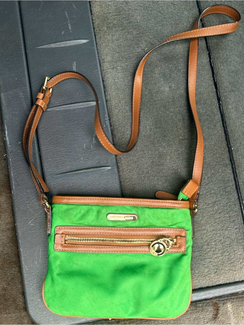 Michael Kors Green Crossbody with Brown Trim and Gold Hardware
